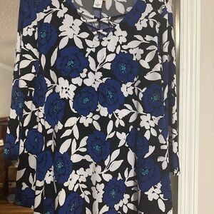 Ruby Rd. Black Tunic with Bold Blue & White Floral Print